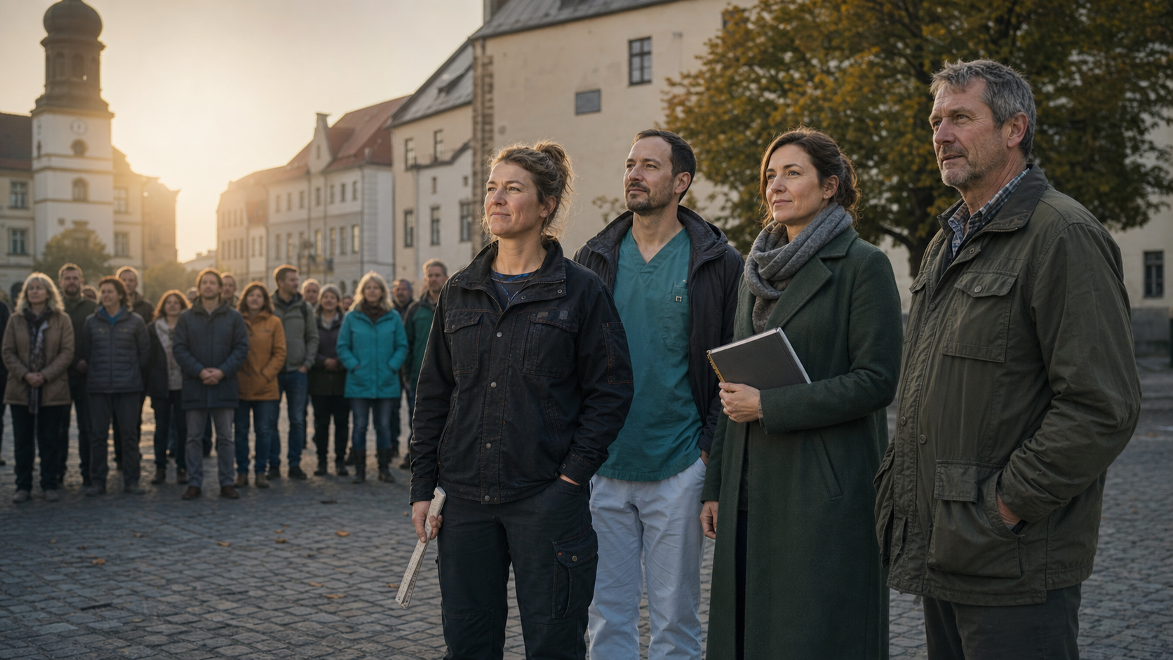 Vier Bürger aus Handwerk, Pflege, Bildung und Landwirtschaft treten vor einer größeren Gemeinschaft einen Schritt nach vorn.